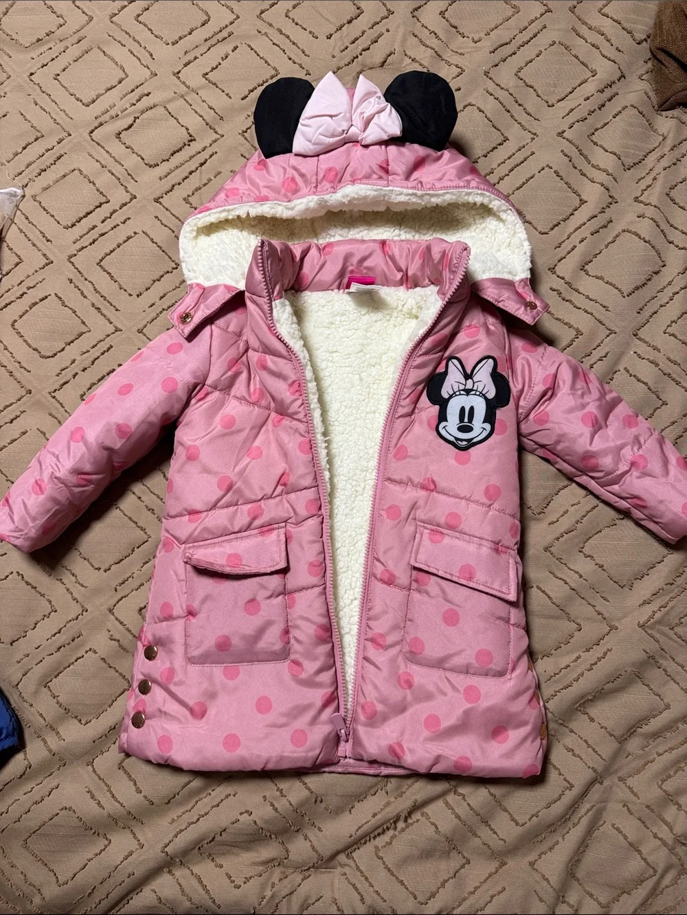 Disney Pink Minnie Mouse Hooded Puffer Coat with Polka Dots